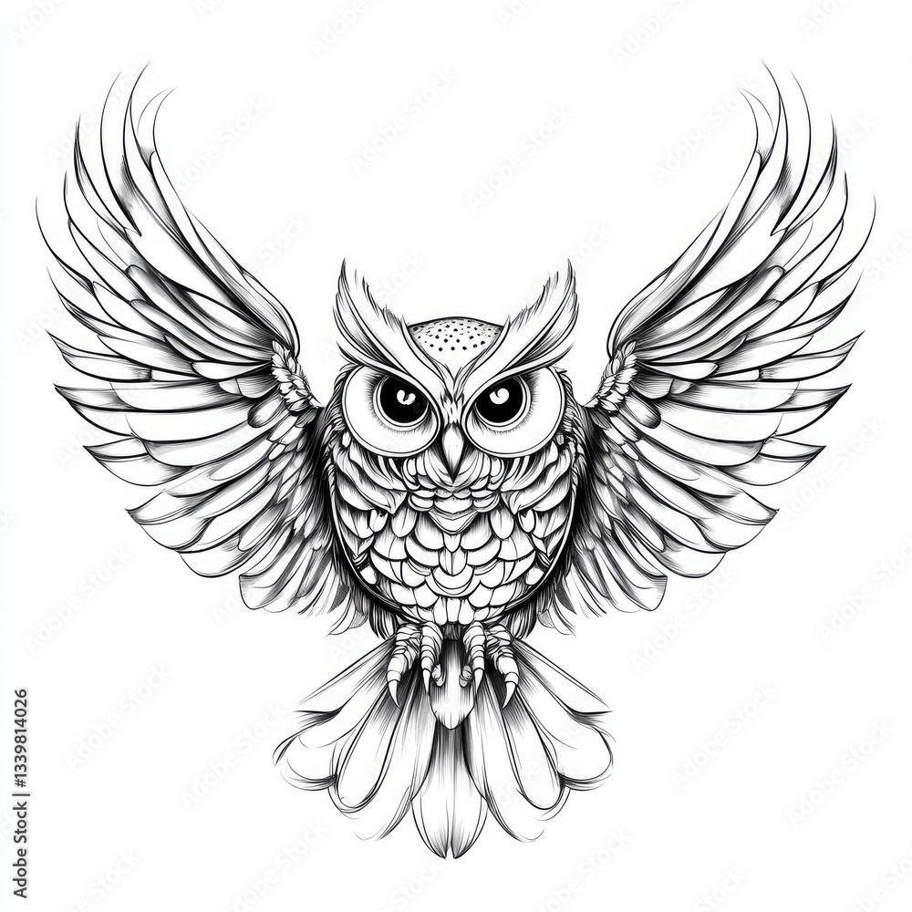 Obraz premium A majestic owl in flight, wings outstretched, depicted in intricate detail. A stunning black and white illustration.