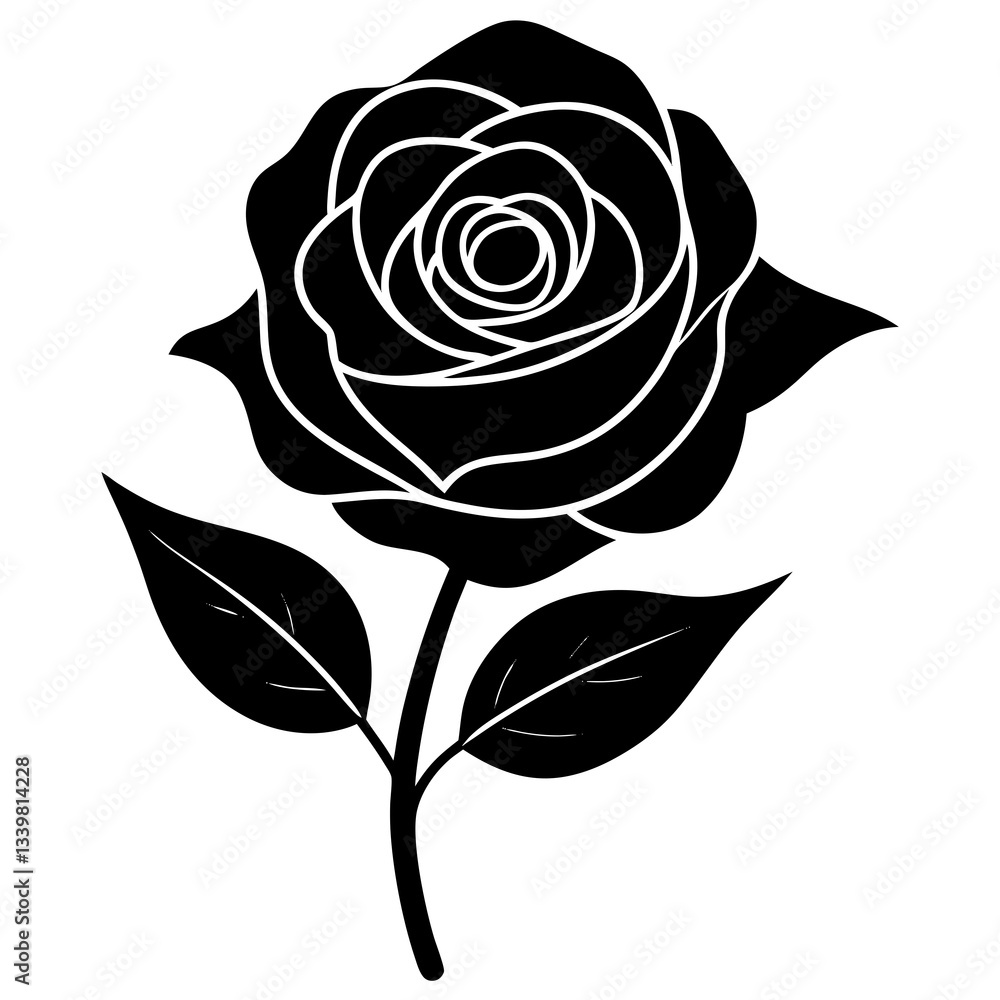 rose flower simple black silhouette, Black silhouette vector icon, silhouette illustration rose flower simple black silhouette, Black silhouette vector icon, silhouette illustration