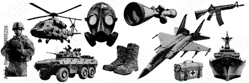 Set of Military war and army halftone grunge vector design elements