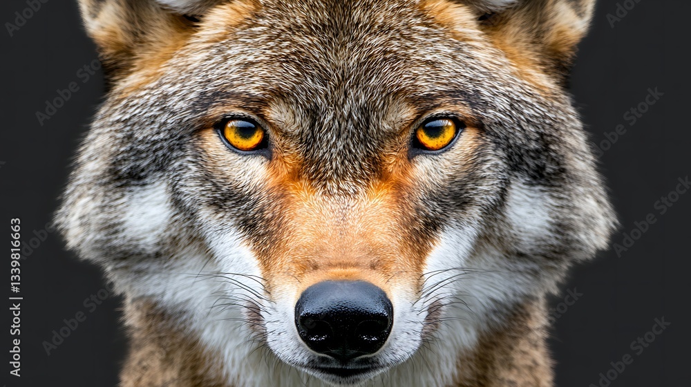 Fototapeta premium Wolf face closeup, looking at camera, with dark background