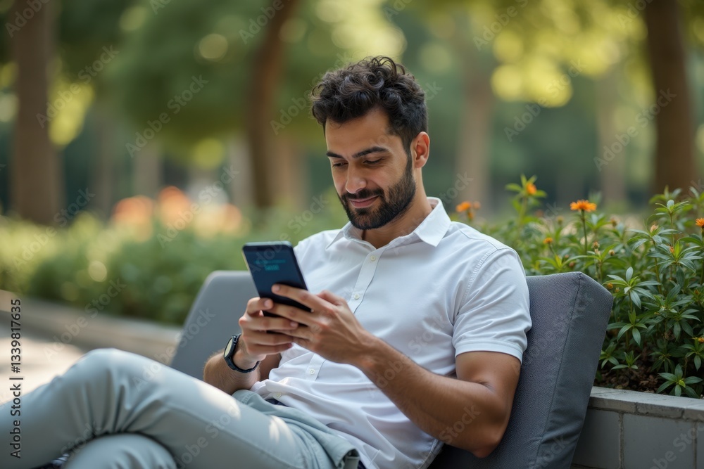 A thoughtful Middle-Eastern man is sitting in a park, looking at his phone with A thoughtful Middle-Eastern man is sitting in a park, looking at his phone with
