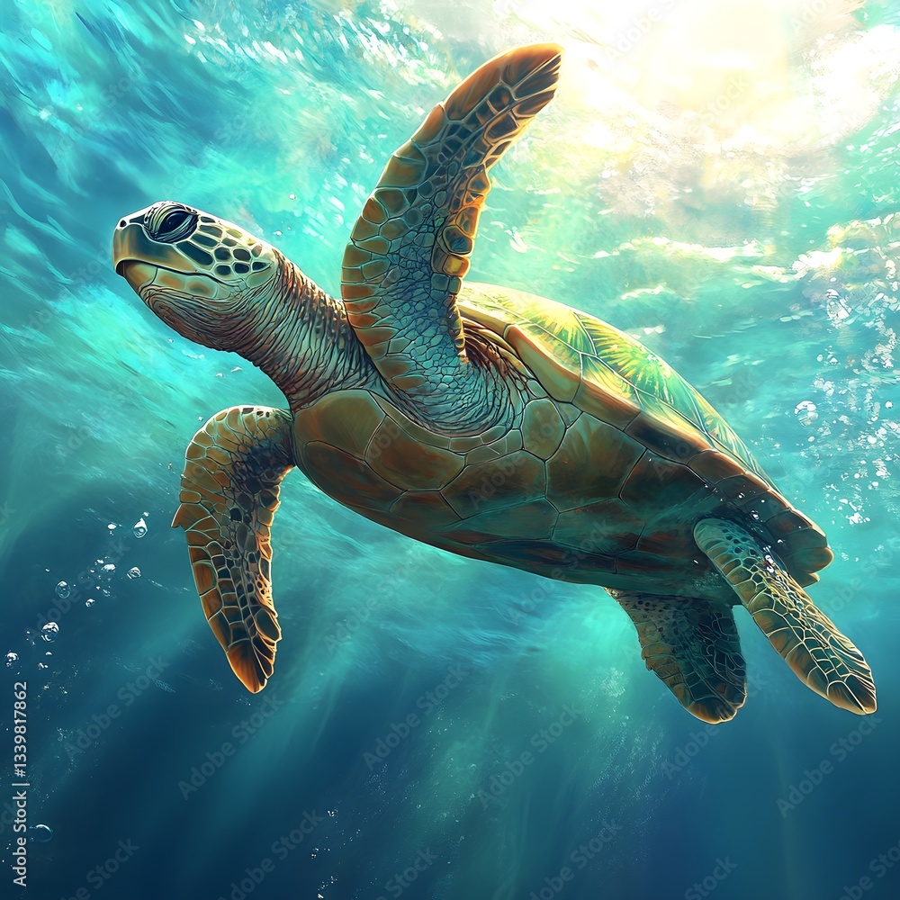 Obraz premium Underwater Turtle Serenity: An illustration of a majestic sea turtle gracefully gliding through crystal-clear ocean waters, bathed in sunlight, showcasing a vibrant aquatic environment.