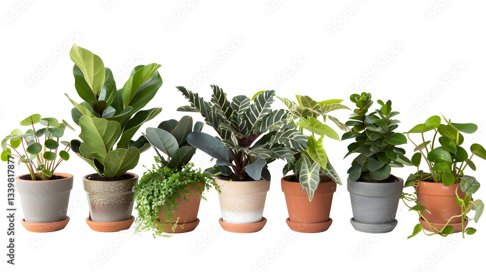Various potted plants lined up on a white background. PNG Various potted plants lined up on a white background. PNG