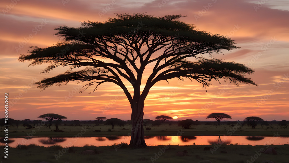 Fototapeta premium sunset in the desert with old tree