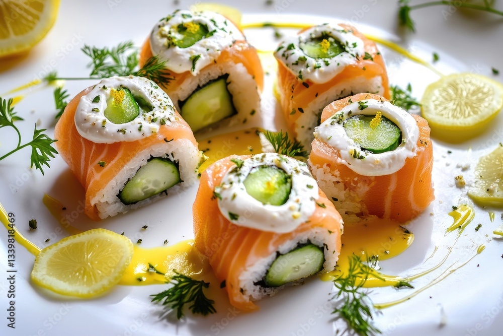 Sushi rolls made with grilled salmon, cucumber, and feta cheese cream on top. Sushi rolls made with grilled salmon, cucumber, and feta cheese cream on top.
