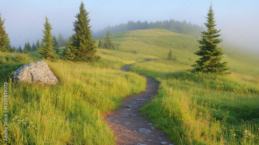 A winding path leading through a grassy green mountain landscape A winding path leading through a grassy green mountain landscape