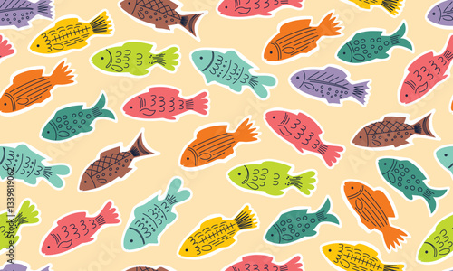 Fish seamless pattern. School of bright colorful fish scandinavian design. Beige background children's vector illustration