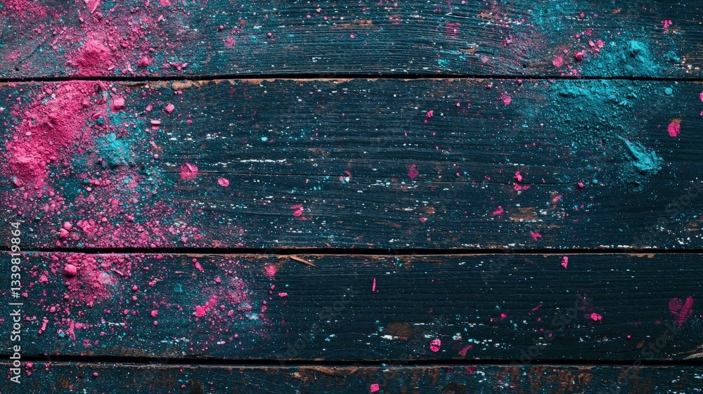 Fototapeta premium Close-up of bright Holi powders spread on a rustic wooden surface, vibrant and colorful, perfect for Holi, cultural festivals, celebrations, and artistic food or color photography.