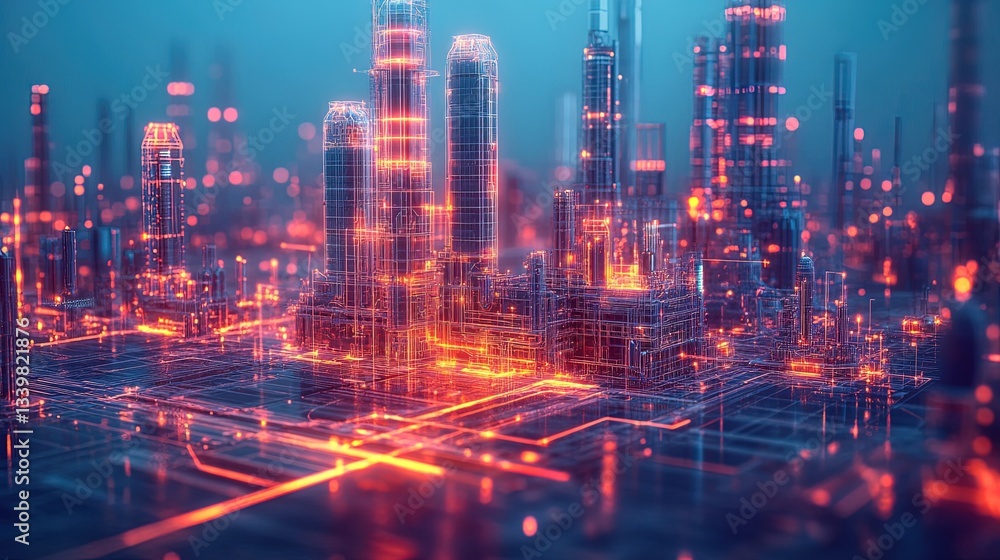 A futuristic industrial zone visualized through glowing holographic blueprints, intricate and vibrant A futuristic industrial zone visualized through glowing holographic blueprints, intricate and vibrant