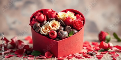 A heart-shaped box overflowing with chocolates and roses, candy, caring