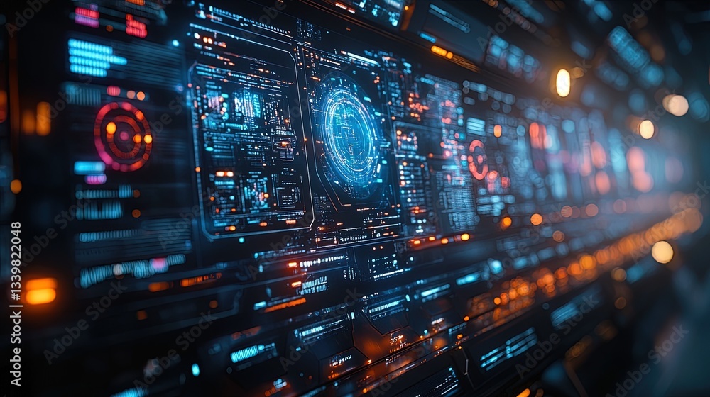 A futuristic industrial control panel with holographic monitors displaying real-time data, glowing and vibrant A futuristic industrial control panel with holographic monitors displaying real-time data, glowing and vibrant