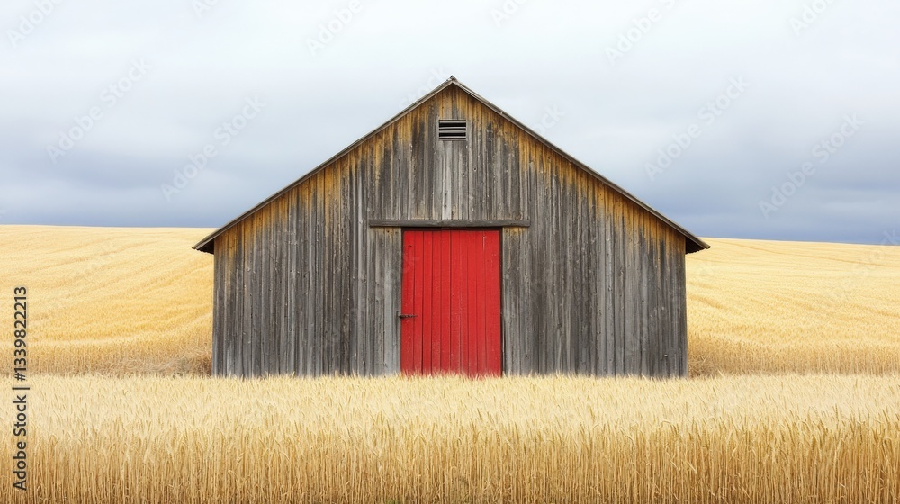 Obraz premium Wooden Barn With Red Door Standing Among Wheat Fields Outdoors