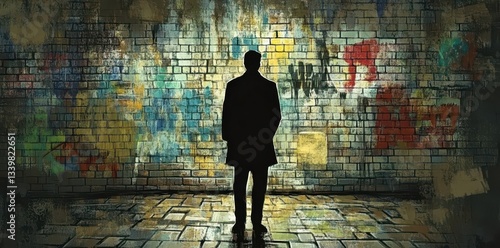 A solitary figure standing before a graffiti covered brick wall