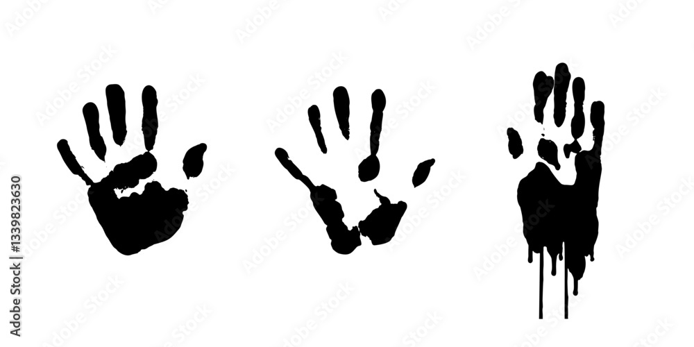 Set of ink handprints and palm prints on white background. Design template in crime style, stylish grunge stamp and fingerprints.