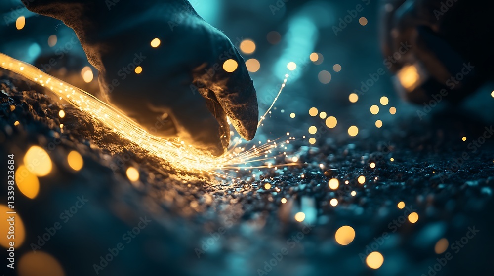 Sparks Flying During Welding Process on Dark Surface with Protective Gloves Sparks Flying During Welding Process on Dark Surface with Protective Gloves