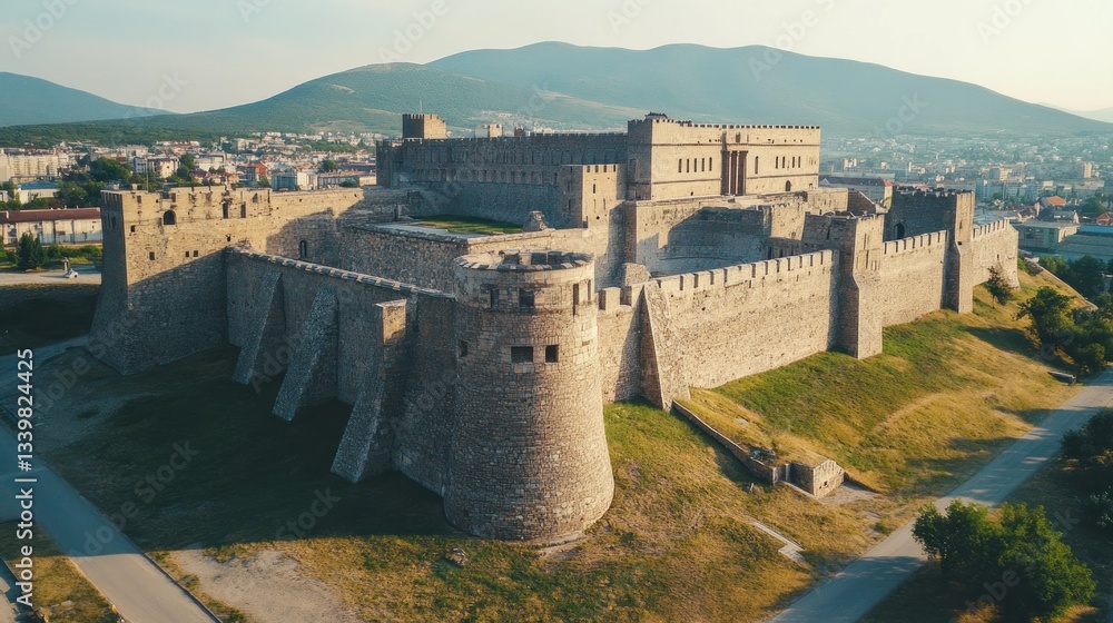 A large imposing stone fortress on a grassy hill overlooking a town A large imposing stone fortress on a grassy hill overlooking a town