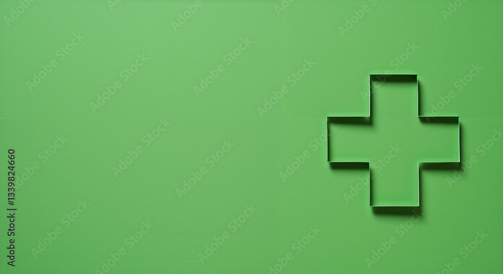 Obraz premium Green background featuring a cut-out medical cross symbolizing healthcare and wellness, evoking a sense of hope and compassion for World Blood Donor Day