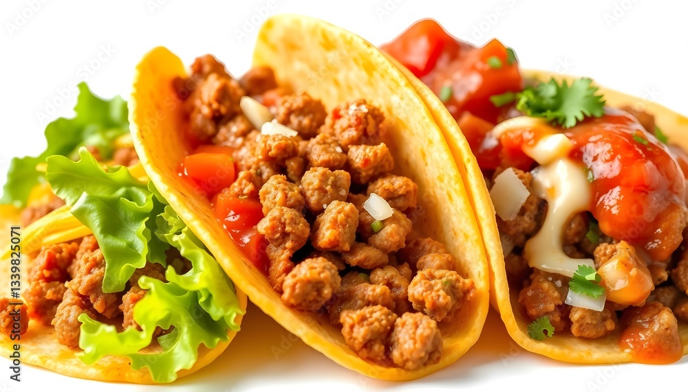 Enjoying Delicious Tacos Shells Filled with Ground Meat and Vegetables Enjoying Delicious Tacos Shells Filled with Ground Meat and Vegetables