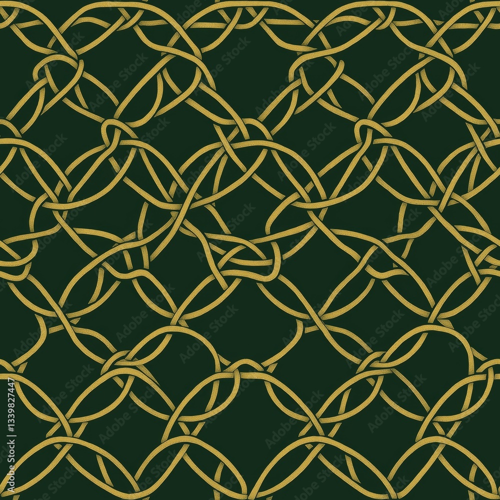 Naklejka premium Intricate Geometric Green & Gold Ornamental Pattern with Intertwined Loops - Luxurious & Detailed Decorative Background Illustration for Design & Print