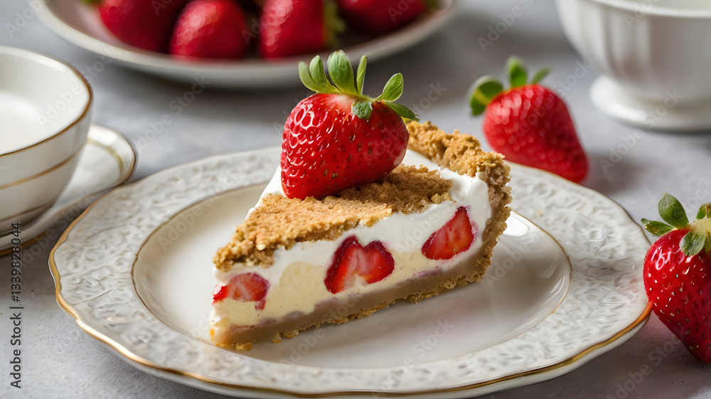A slice of strawberry shortcake tart on an elegant plate. with strawberries and cream and graham cracker crust A slice of strawberry shortcake tart on an elegant plate. with strawberries and cream and graham cracker crust