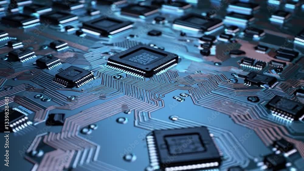 Microchip Close-up with Cityscape Background Showcasing Modern Technology and Design Elements Microchip Close-up with Cityscape Background Showcasing Modern Technology and Design Elements