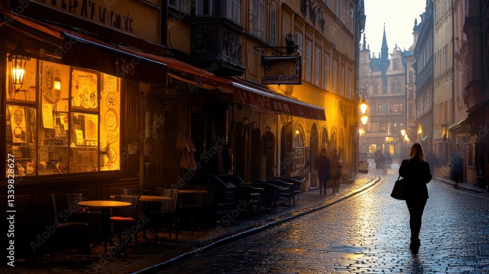 Obraz premium A woman walking down a cobbled street at dusk