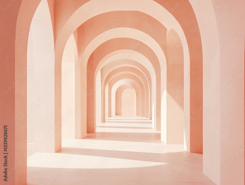Modern Architecture Interior Design: Arches, Shadows, and Pastel Colors in a Minimalist, Symmetrical, Serene Hallway Modern Architecture Interior Design: Arches, Shadows, and Pastel Colors in a Minimalist, Symmetrical, Serene Hallway