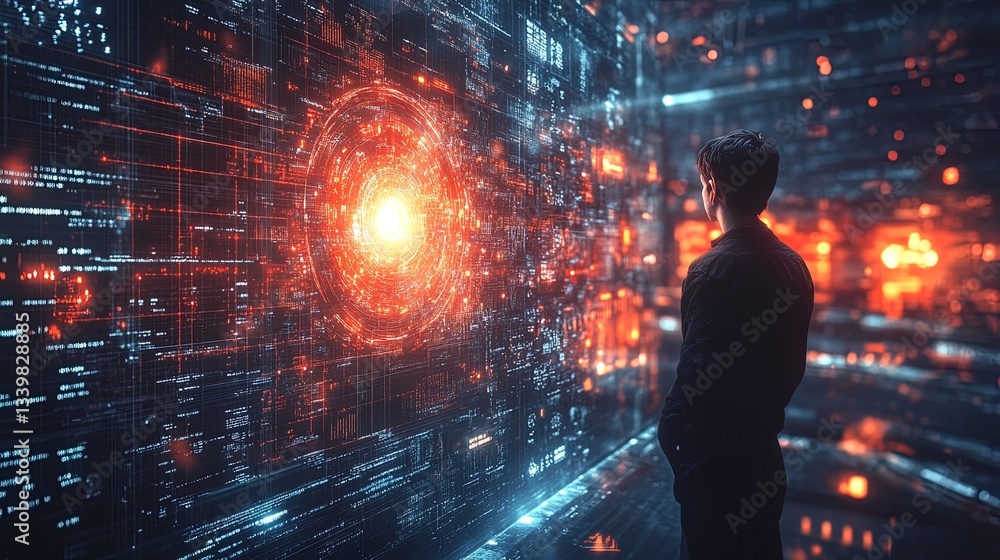 A researcher examining quantum mechanics through glowing holographic simulations, advanced and intricate A researcher examining quantum mechanics through glowing holographic simulations, advanced and intricate