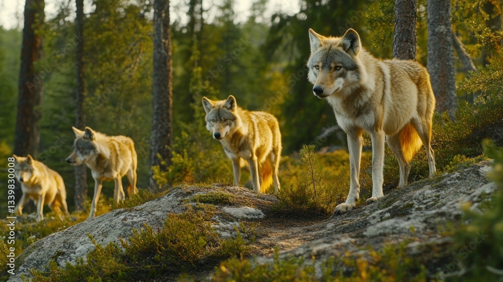 Fototapeta premium A Small Pack Of Wolves Walking Through A Forest