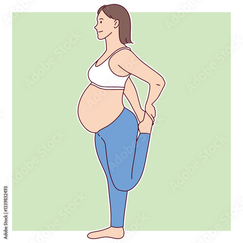 Pregnant woman standing in a yoga pose, focusing on relaxation and well-being. The image highlights prenatal fitness, maternity health, and preparation for childbirth through gentle exercise
