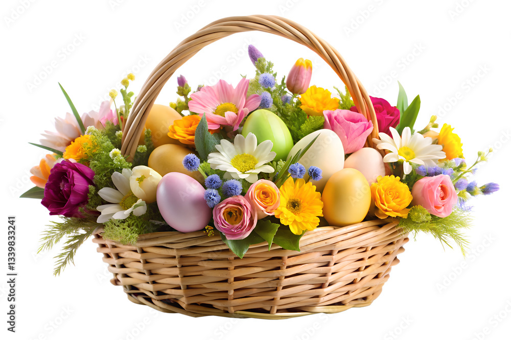 easter eggs in basket with flowers isolated on transparent background, PNG File easter eggs in basket with flowers isolated on transparent background, PNG File