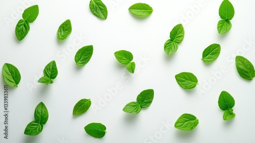 Fresh Green Mint Leaves Scattered on White Background: A Vibrant, Aromatic Herbal Pattern