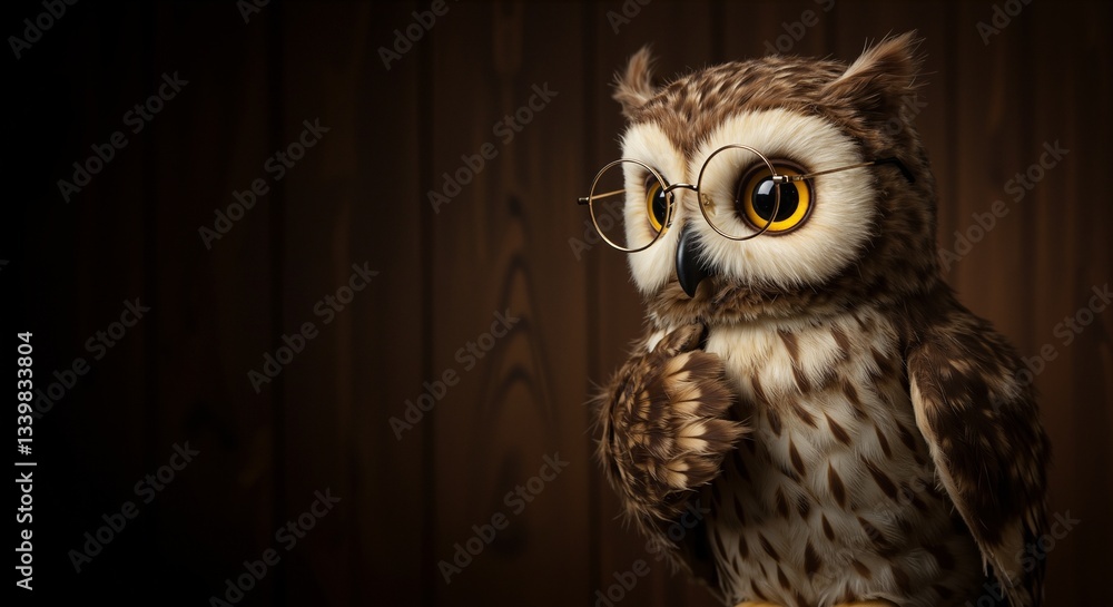 Obraz premium Owl wearing glasses with a thoughtful expression, evoking curiosity and wisdom, set against a softly illuminated wooden background