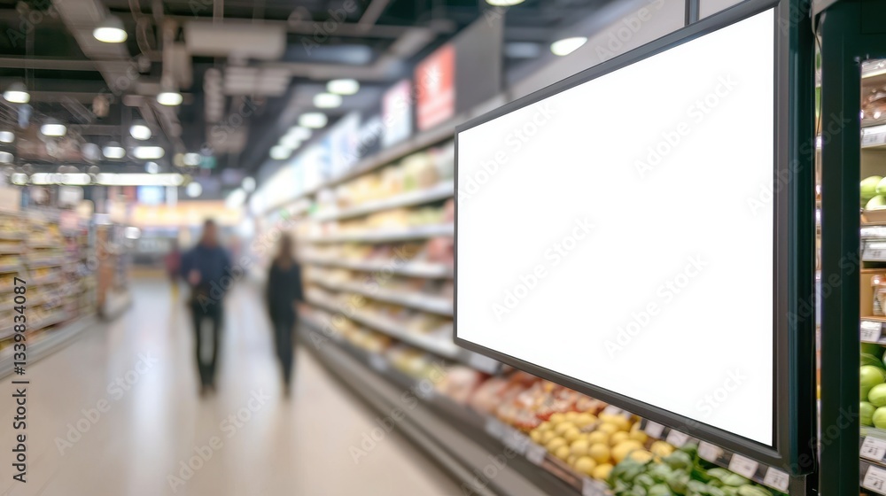 Fototapeta premium Digital signage in supermarket interior. Blank screen for advertisement. People walking in background. Modern retail space with shelves of products. Fresh fruits, vegetables visible.