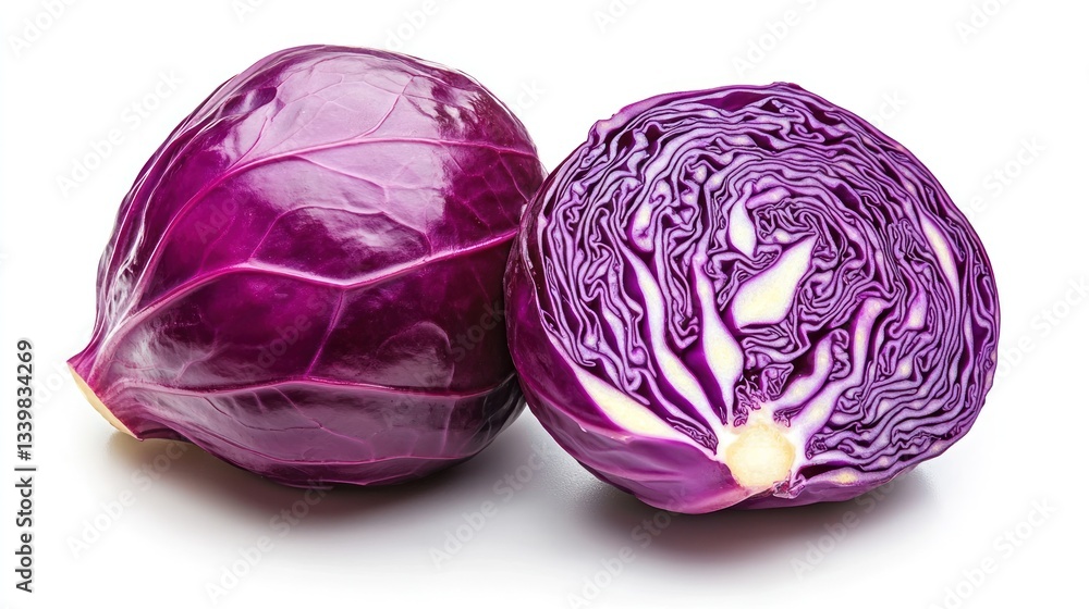 Vibrant Red Cabbage: A Close-Up of a Whole and Halved Red Cabbage, Showcasing its Rich Purple Hues and Intricate Internal Structure. Vibrant Red Cabbage: A Close-Up of a Whole and Halved Red Cabbage, Showcasing its Rich Purple Hues and Intricate Internal Structure.
