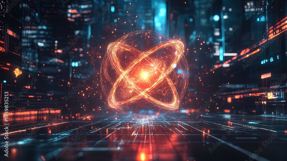 A glowing atomic nucleus emitting radiant trails of light in a high-tech environment A glowing atomic nucleus emitting radiant trails of light in a high-tech environment