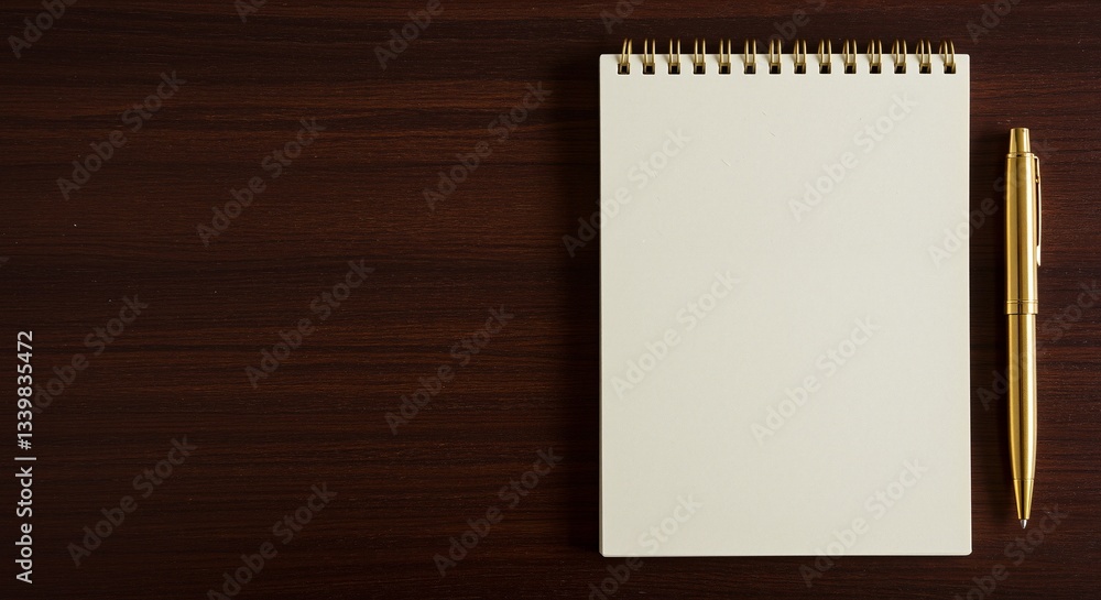 Blank notepad with a golden pen resting beside it, creating a professional and organized atmosphere, ideal for planning or note-taking on a wooden desk background Blank notepad with a golden pen resting beside it, creating a professional and organized atmosphere, ideal for planning or note-taking on a wooden desk background