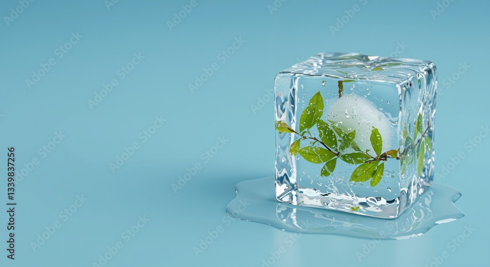 Frozen Leaves with Water Droplets Inside Ice Cube Conveying Refreshing Spring Mood on Soft Blue Background Frozen Leaves with Water Droplets Inside Ice Cube Conveying Refreshing Spring Mood on Soft Blue Background