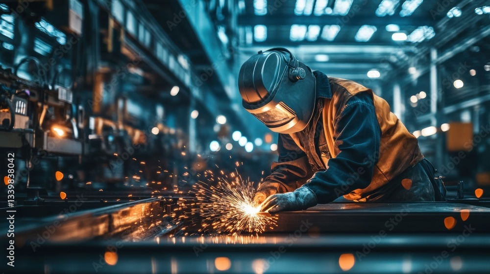 © pupus - A professional welder operating machinery inside a metal manufacturing plant © pupus - A professional welder operating machinery inside a metal manufacturing plant