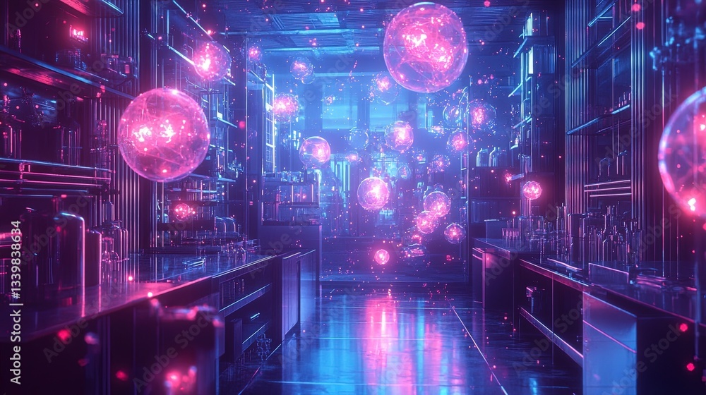A futuristic visualization of atomic bonds in a neon-lit laboratory, intricate and captivating A futuristic visualization of atomic bonds in a neon-lit laboratory, intricate and captivating