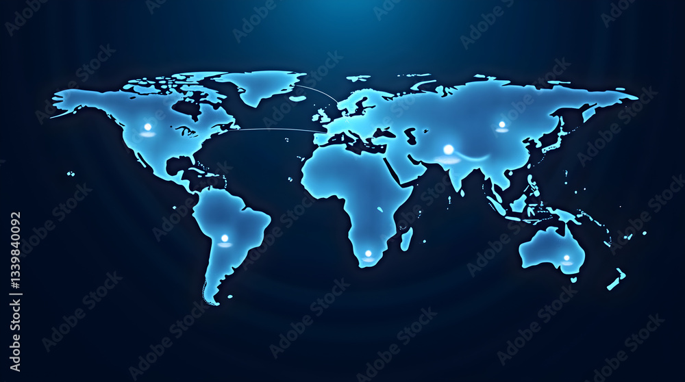 Obraz premium Futuristic Glowing Digital World Map Global Network Blue Technology