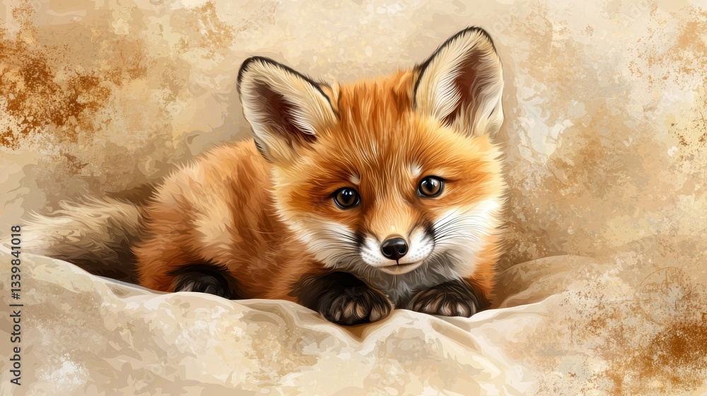 Obraz premium A Small Adorable Fox Cub Resting Comfortably On a Soft Surface