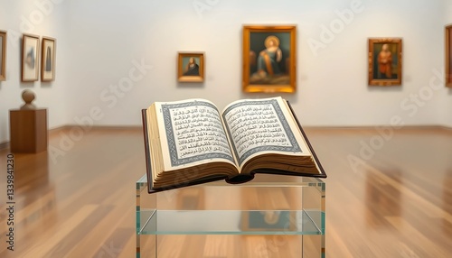 Open Islamic Qur'an Displayed in Art Gallery with Classic Paintings photo