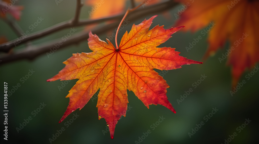 Stunning Red Orange Yellow Autumn Maple Leaf Close-Up on Branch Stunning Red Orange Yellow Autumn Maple Leaf Close-Up on Branch