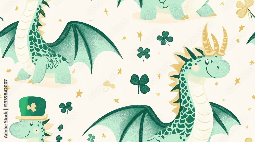 Obraz premium Green Cartoon Dragon Pattern: Whimsical Fantasy Illustration for St. Patrick's Day Celebration