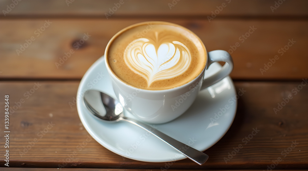 Delicious Creamy Cappuccino with Heart Latte Art Design on Wooden Table - Perfect Hot Coffee Beverage in White Cup Saucer and Silver Spoon for Cafe Break Delicious Creamy Cappuccino with Heart Latte Art Design on Wooden Table - Perfect Hot Coffee Beverage in White Cup Saucer and Silver Spoon for Cafe Break