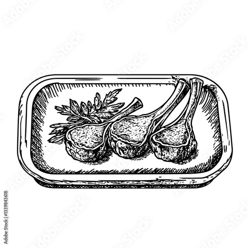 Intricate hand-drawn engraving of gourmet lamb chops displayed elegantly on a vintage platter