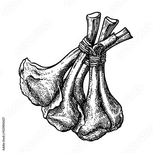 Detailed engraving of garlic bulbs tied with twine, showcasing vintage artistry and intricate design elements for culinary enthusiasts