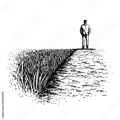 Engraved illustration of a solitary figure standing between a lush field and a barren path, embodying contrast and introspection