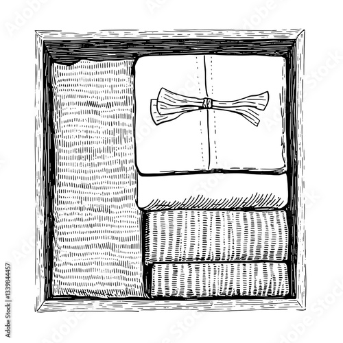 Stylishly arranged vintage textiles in a handcrafted wooden box showcasing premium hand-drawn illustration elegance